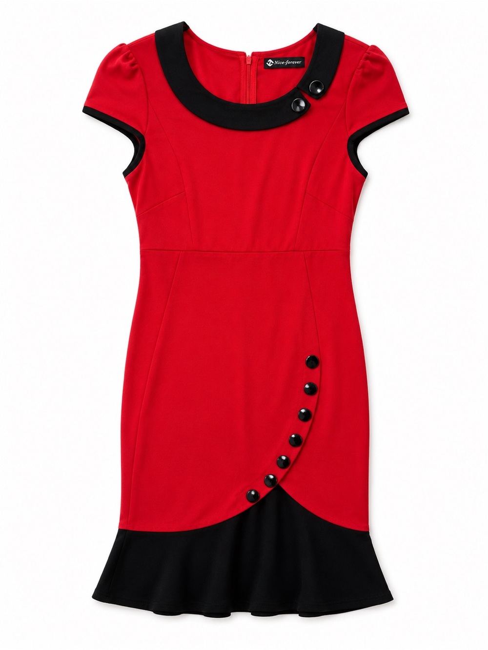 Nice-Forever Red Black Trim Cap Sleeve Fit & Flare Midi Dress Large